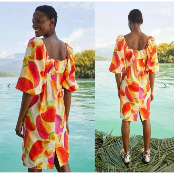 Farm Rio Puff Sleeve Dress Linen Viscose in Cashew Juice - Picture 2 of 7